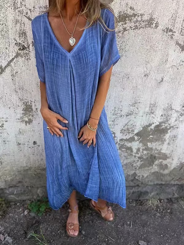 Vestido midi de algodón y lino con cuello en V